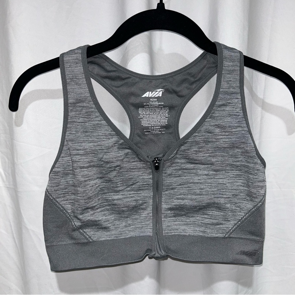 Avia Sports Bra AV18191 Grey Heathered Striped Front Zip Athletic Bra XL